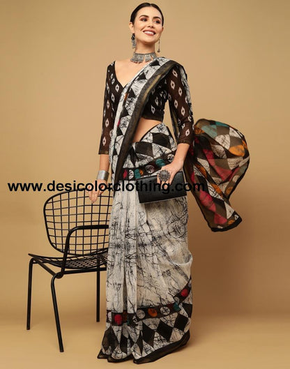 White And Grey Cotton Saree