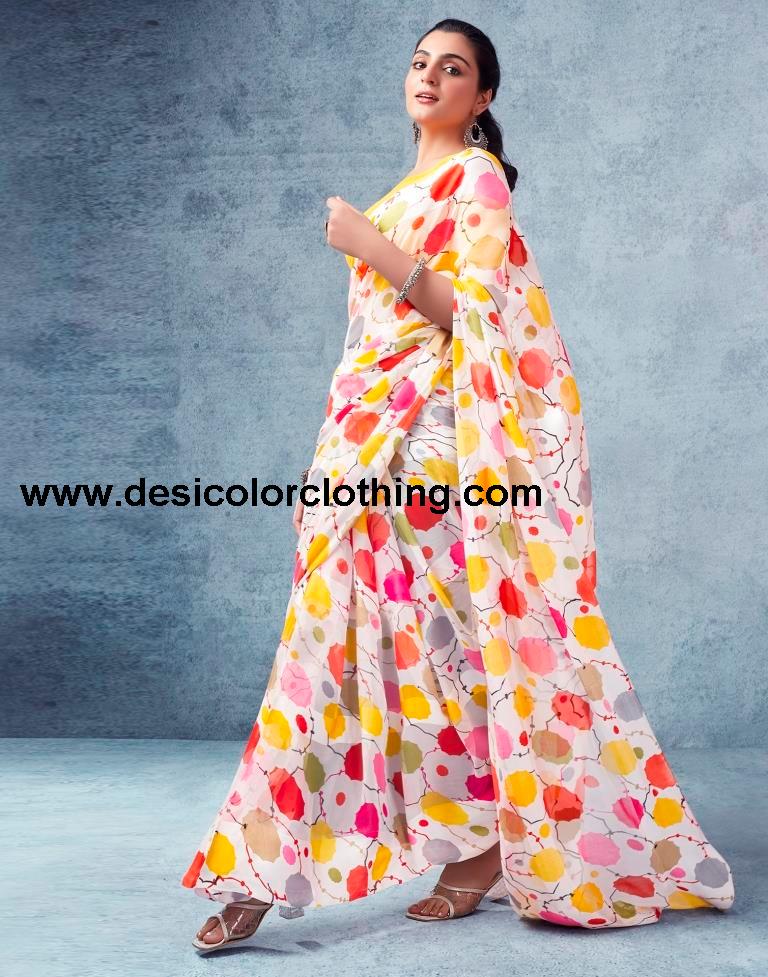 White Georgette Printed  Saree