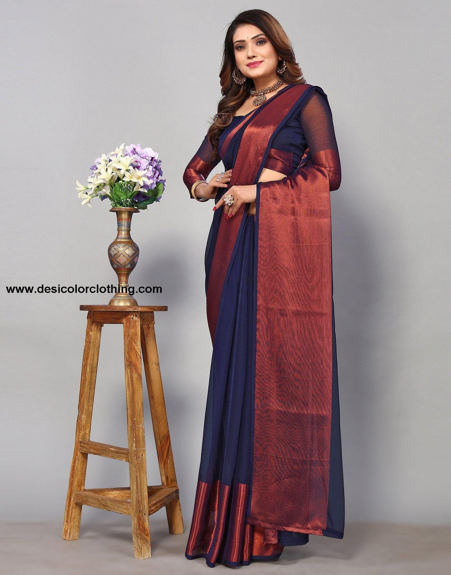 Dark Blue Chiffon Plain Saree