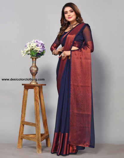 Dark Blue Chiffon Plain Saree