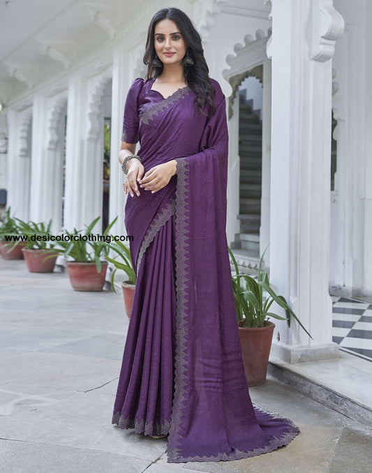 Purple Swarovski Satin Plain Saree