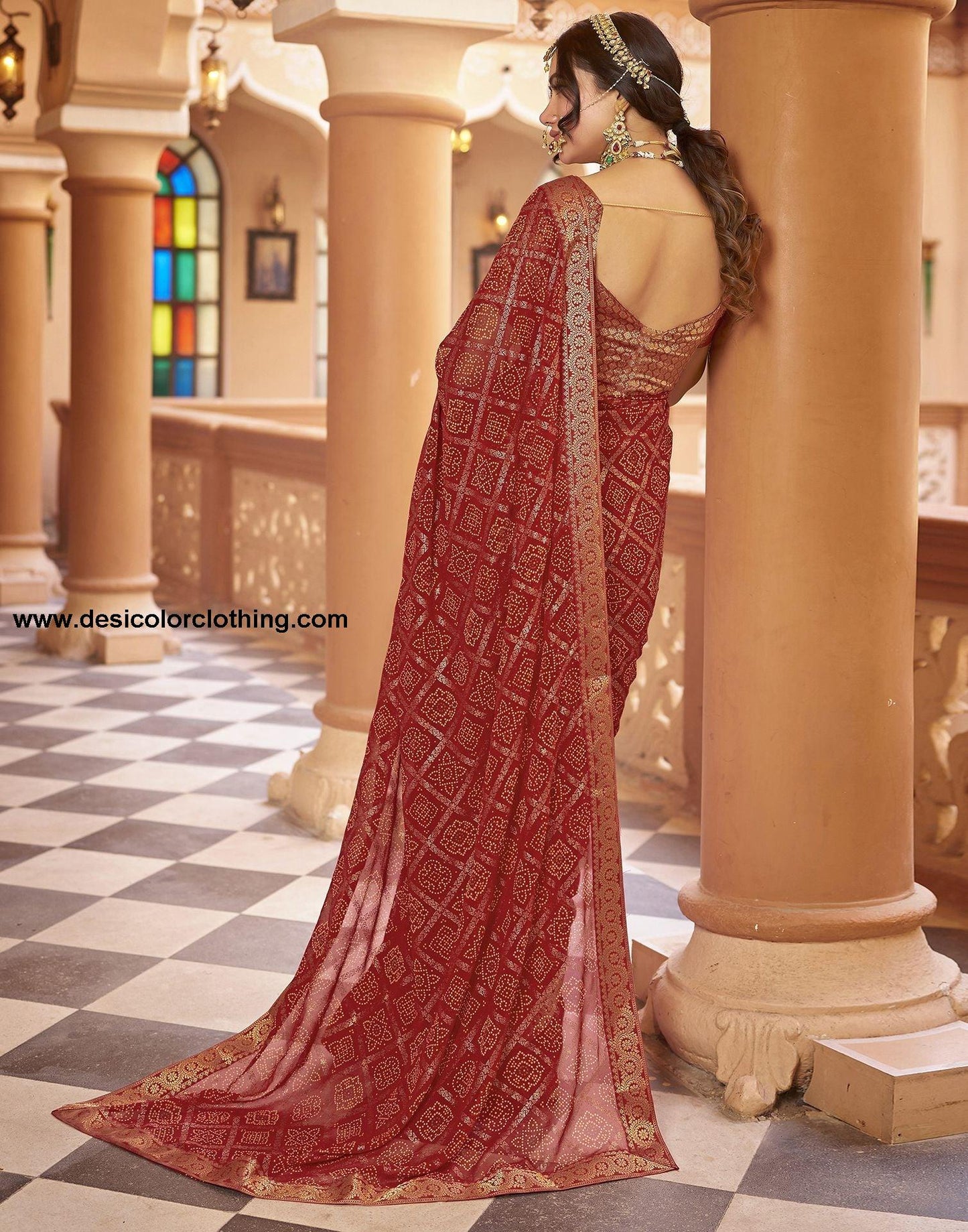 Cherry Red Jacquard Georgette Saree