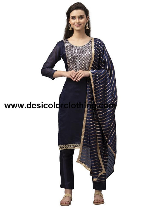 Astounding Navy Blue Cotton Thread Work Unstitched Salwar Suit