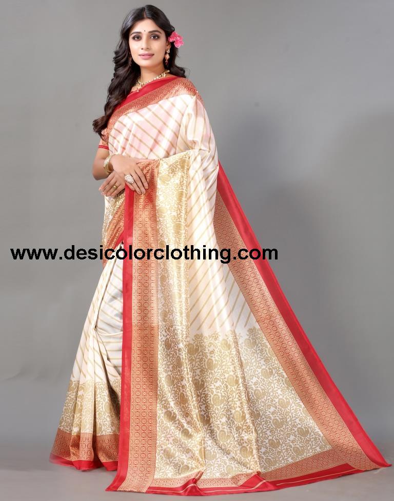 Cream Printed Silk Saree