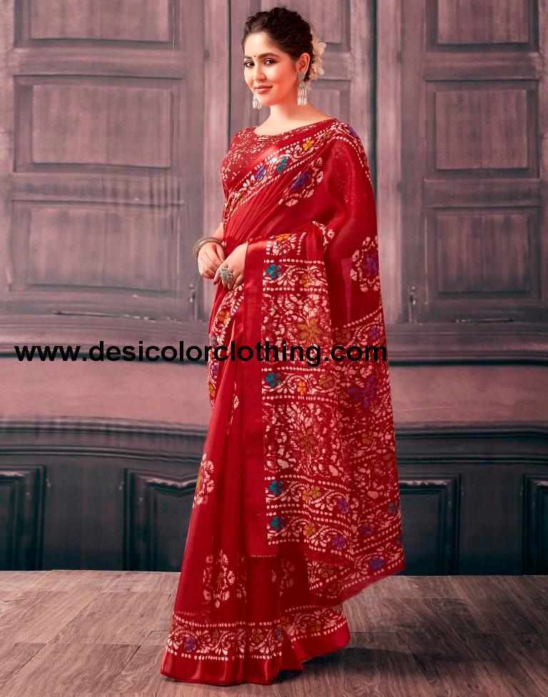 Red Cotton Printed Sarees