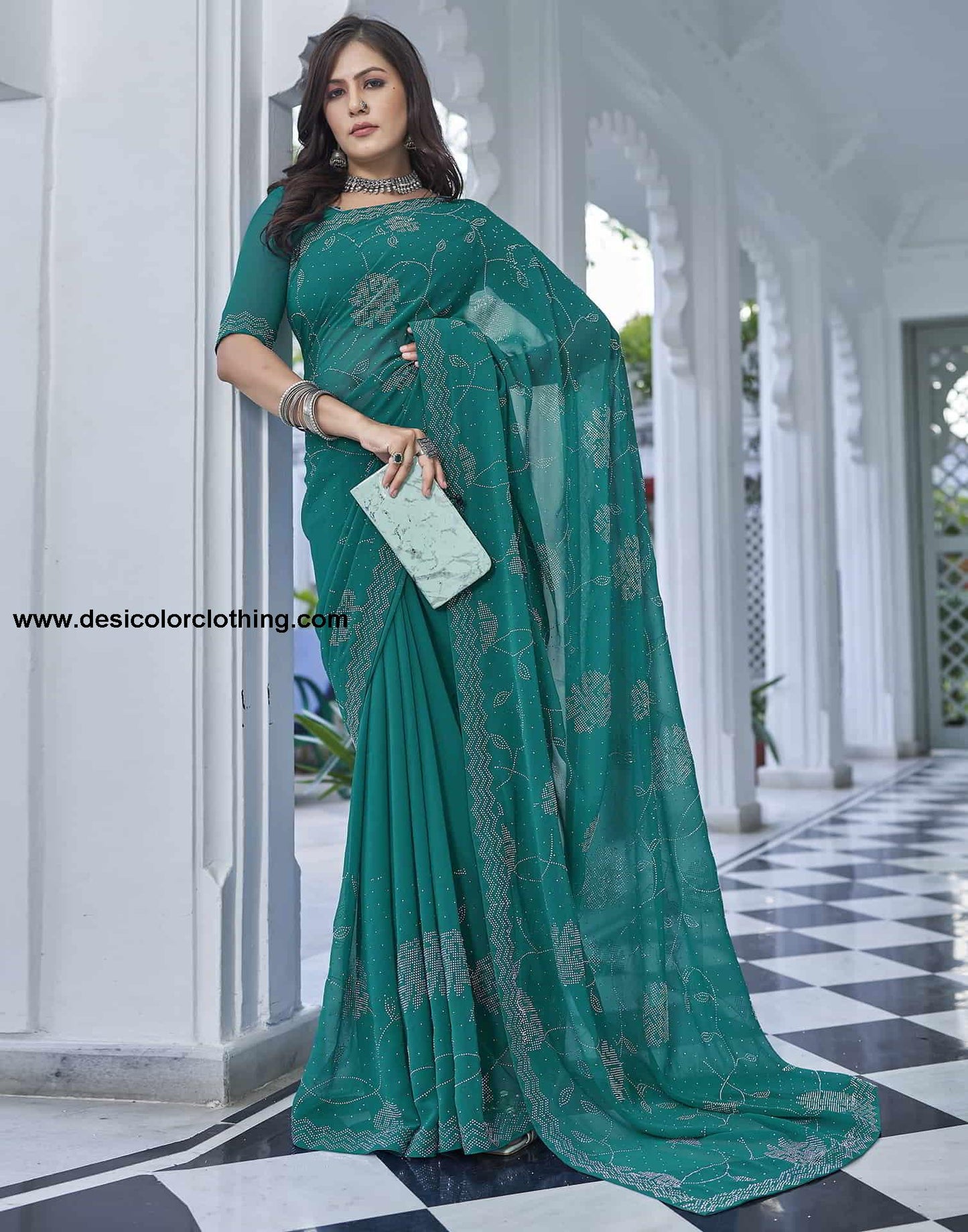 Turquoise Swarovski Georgette Stone Work Saree