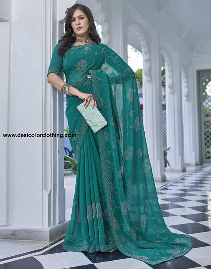 Turquoise Swarovski Georgette Stone Work Saree