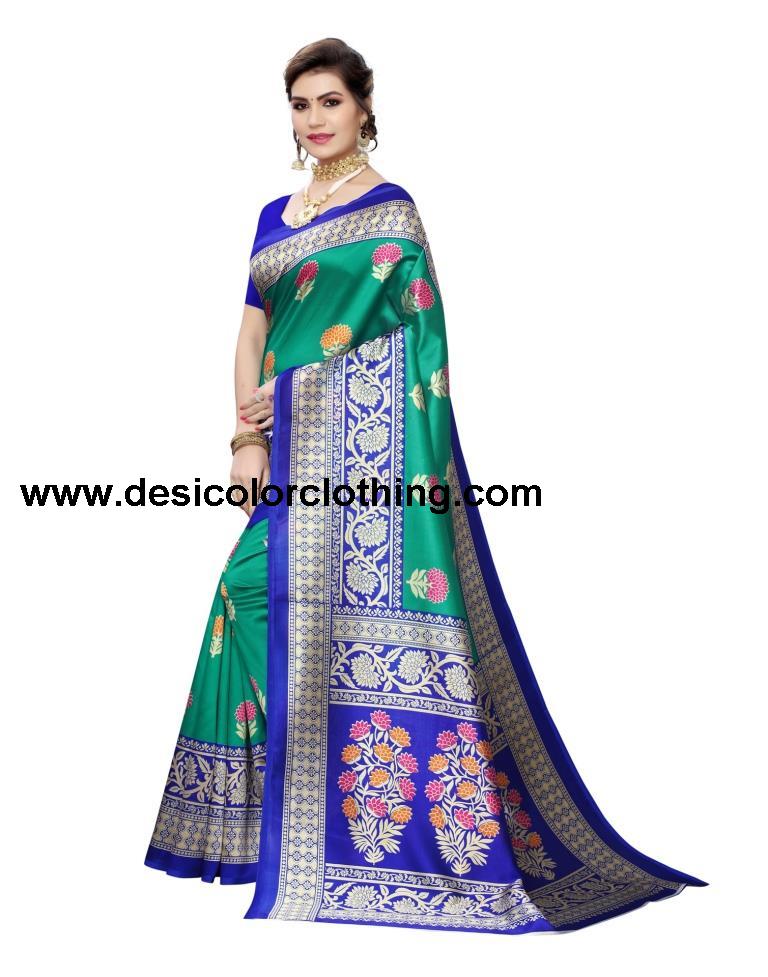 Turquoise Coloured Poly Silk Printed Partywear saree