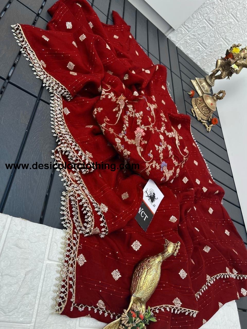 Pure viscose Russian Dola Crepe with sequence weaving and jacquard butti with pearls lace with fancy blouse