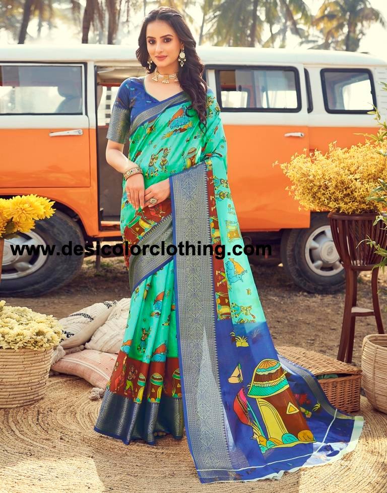 Turquoise Silk Printed Ready To Wear