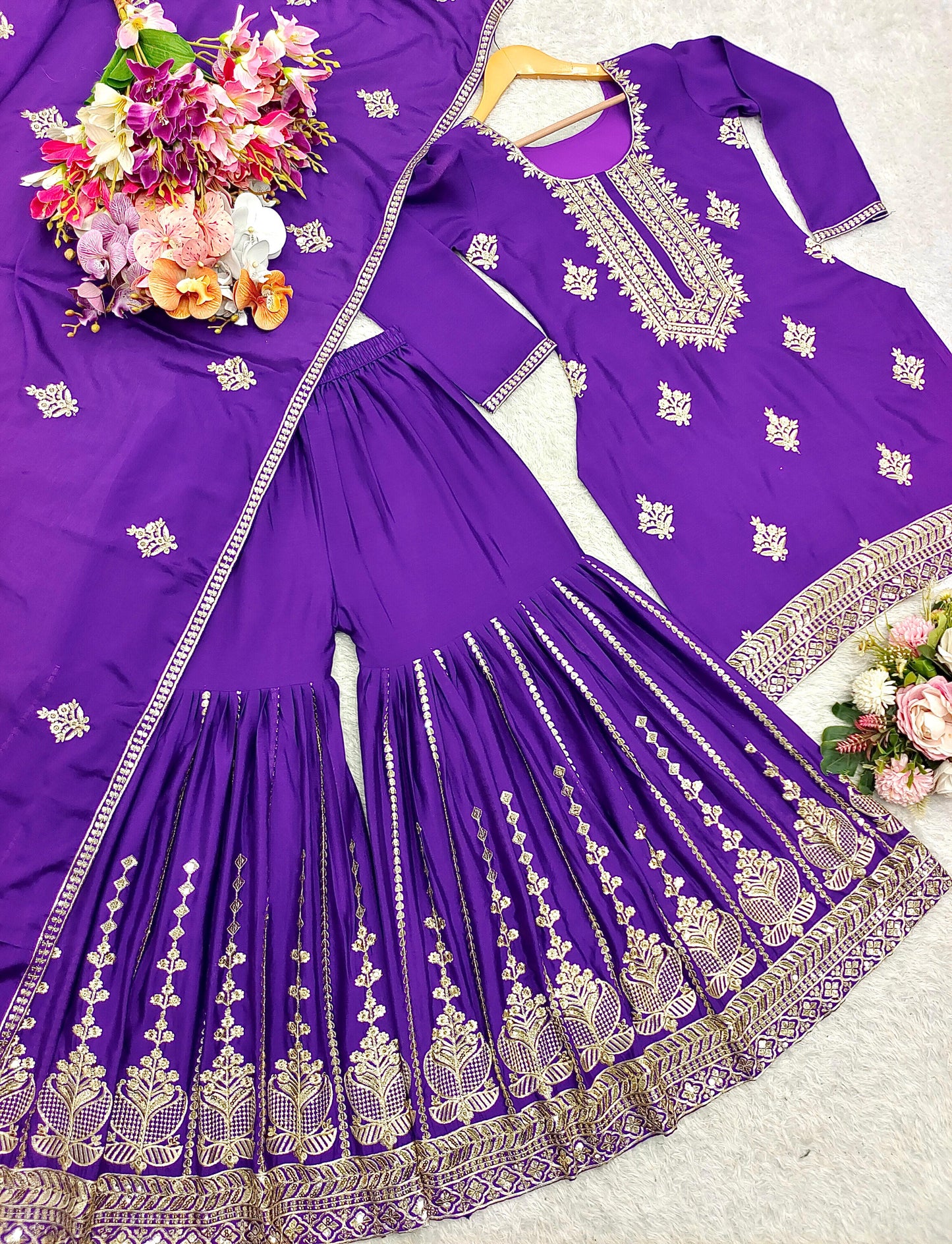 Product Image - Designer Pure Cinon Top-Sarara-Dupatta Set - Fully Stitched Ethnic Wear