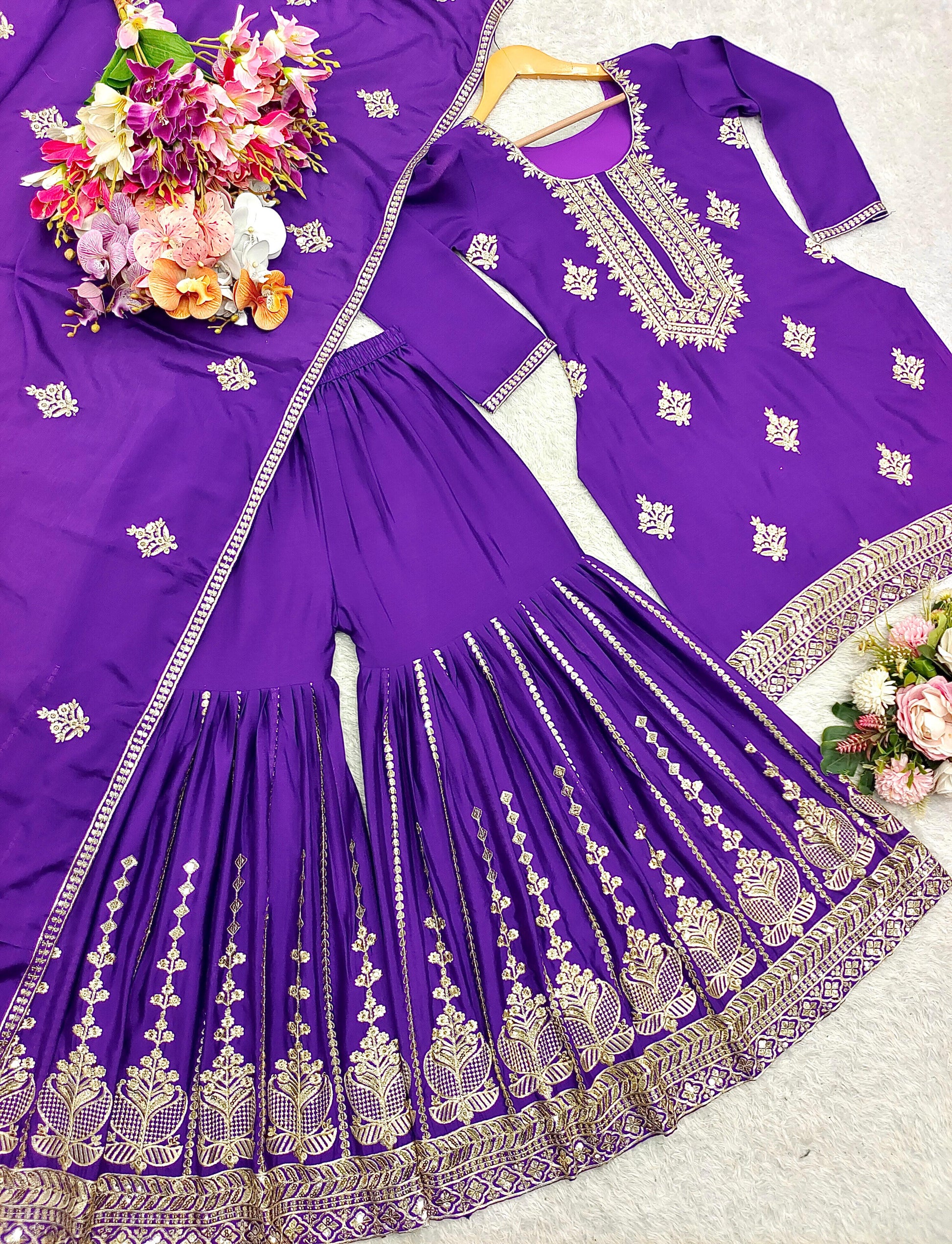 Product Image - Designer Pure Cinon Top-Sarara-Dupatta Set - Fully Stitched Ethnic Wear