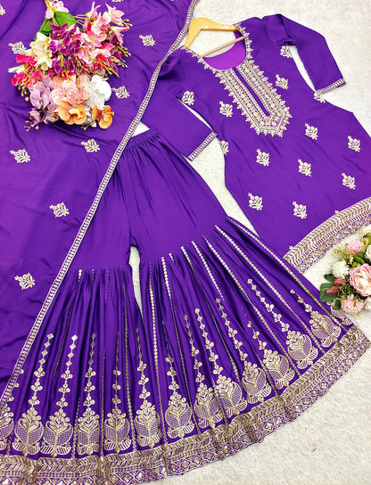 Product Image - Designer Pure Cinon Top-Sarara-Dupatta Set - Fully Stitched Ethnic Wear