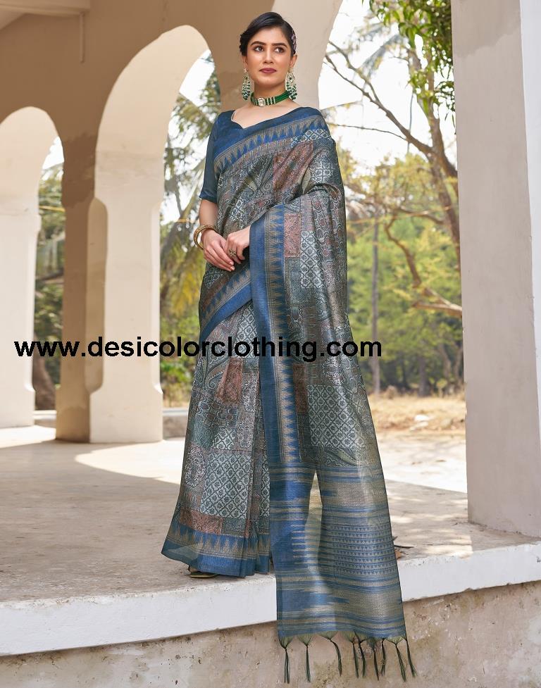 Blue Silk Printed Ready To Wear