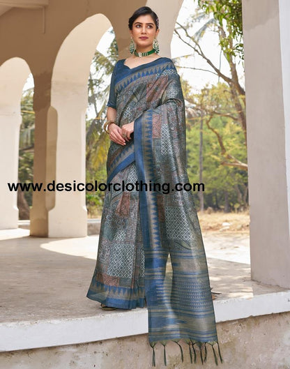 Blue Silk Printed Ready To Wear