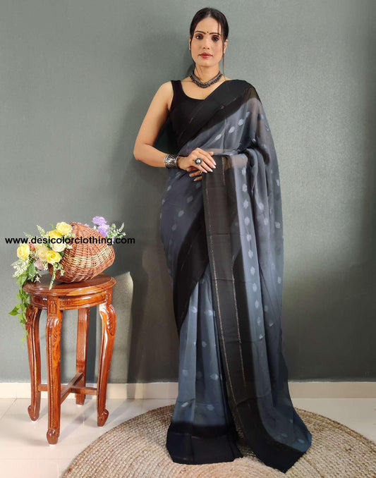Steel Blue Plain Georgette Pre-draped Saree