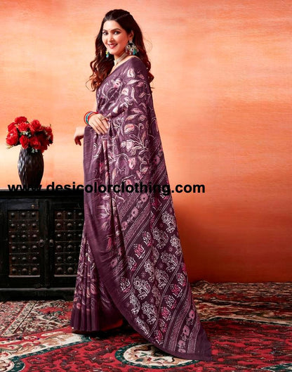 Dark Purple Silk Printed Sarees