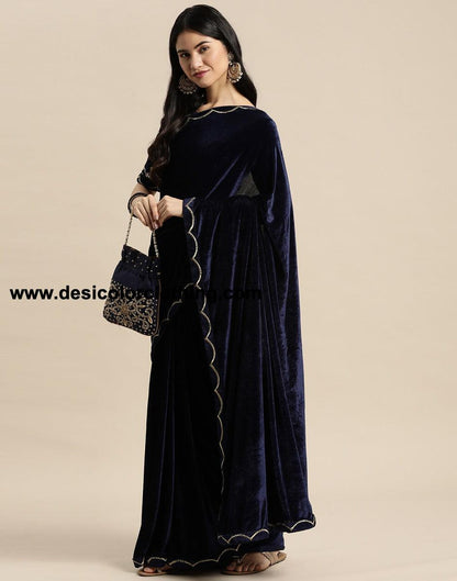 Blue Velvet Saree