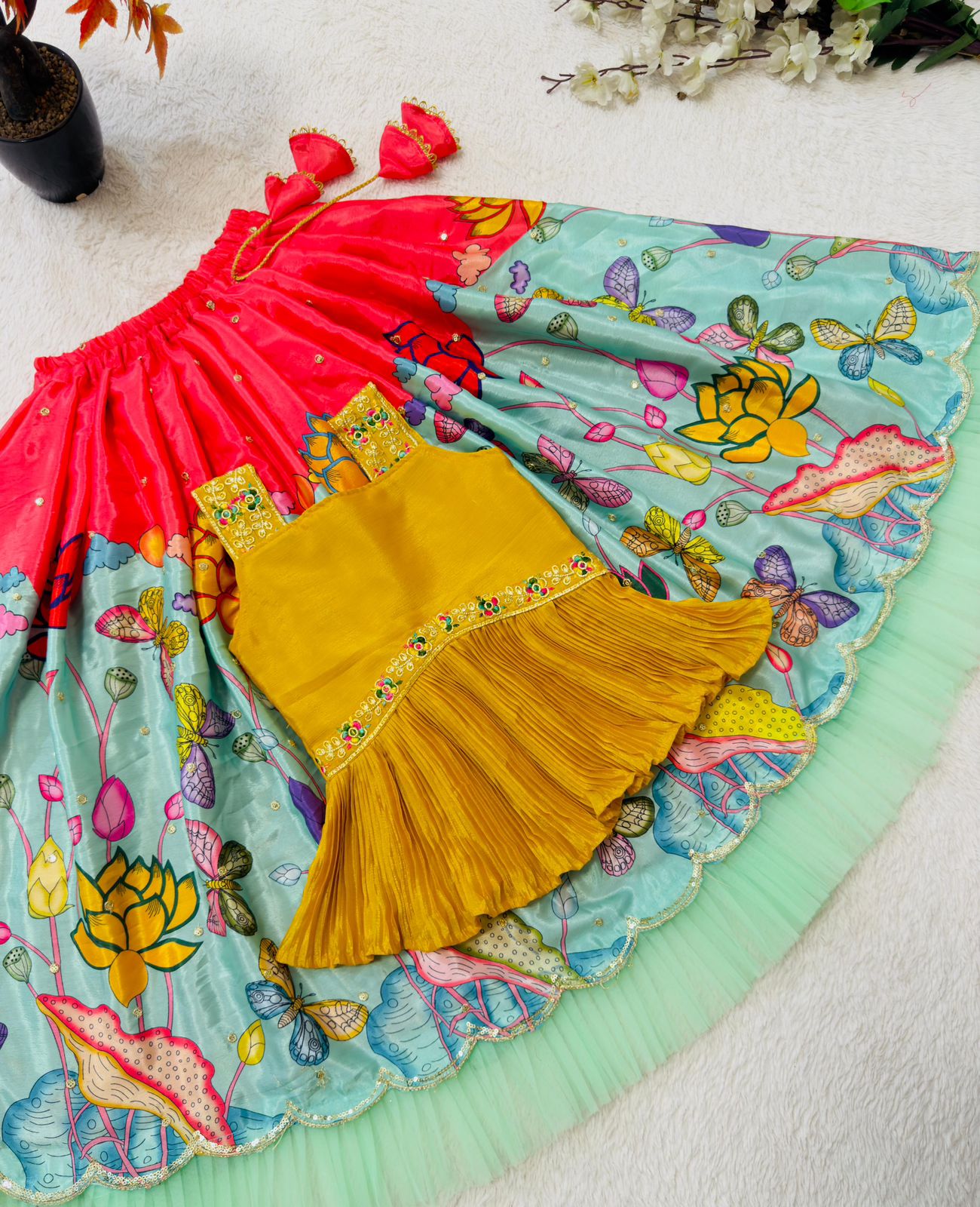 Product Image - Elegant Kalam Kari Kids Lehenga Set - Chinon Silk Embroidered Ethnic Wear