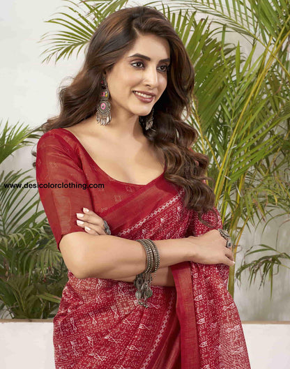 Red Cotton Printed Saree