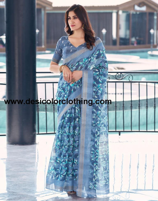 Steel Blue Cotton Printed Saree