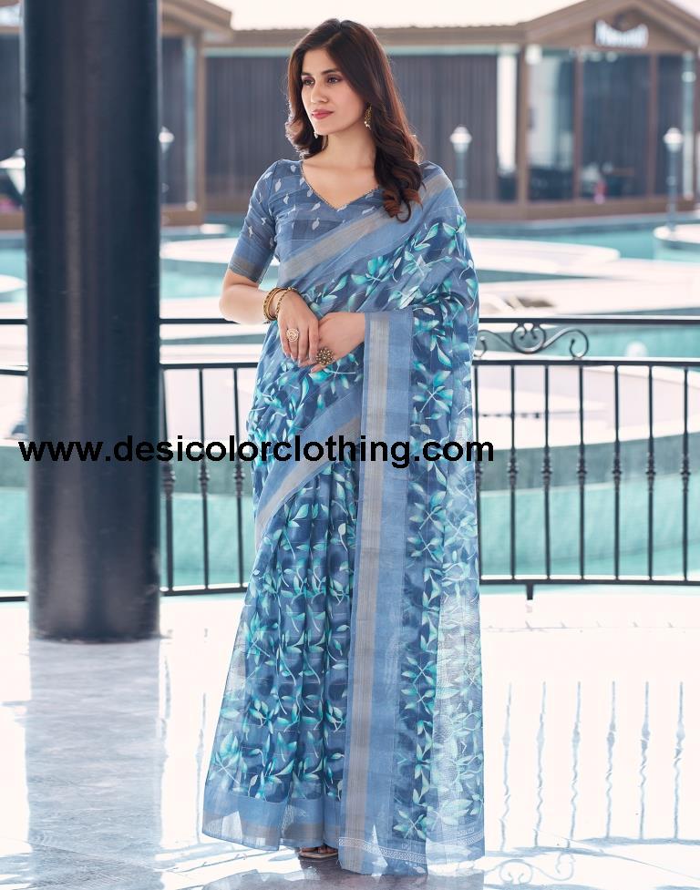 Steel Blue Cotton Printed Saree