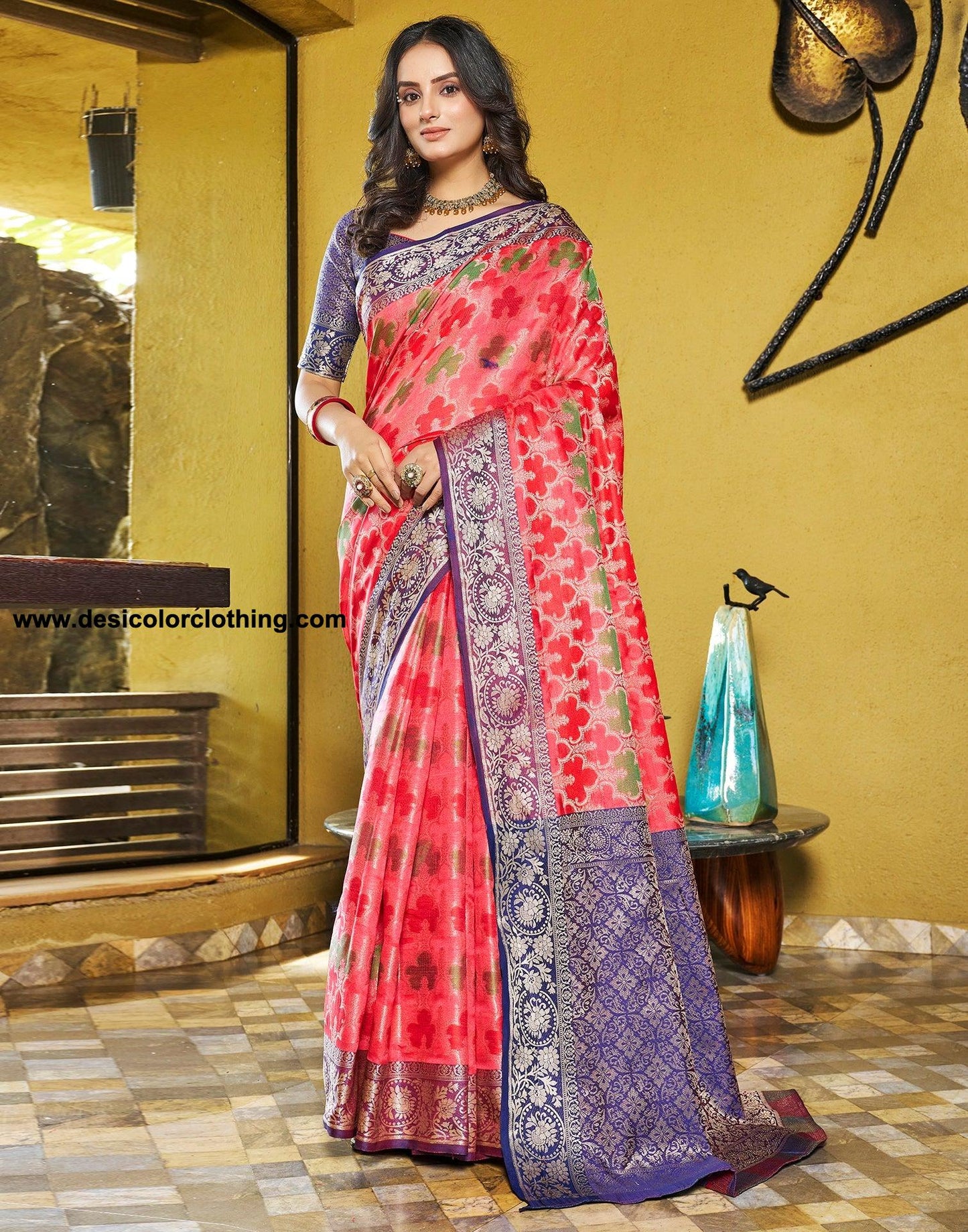 Pink Jacquard Silk Saree