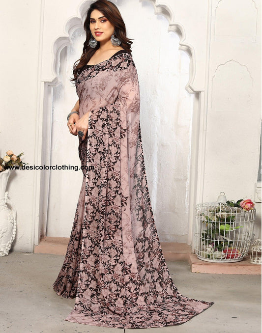 Brown Georgette Floral Printed Saree