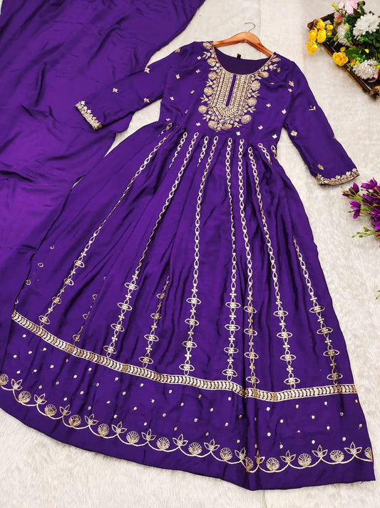 Product Image - ANAYA - Elegant Embroidered Chinnon Anarkali Dress