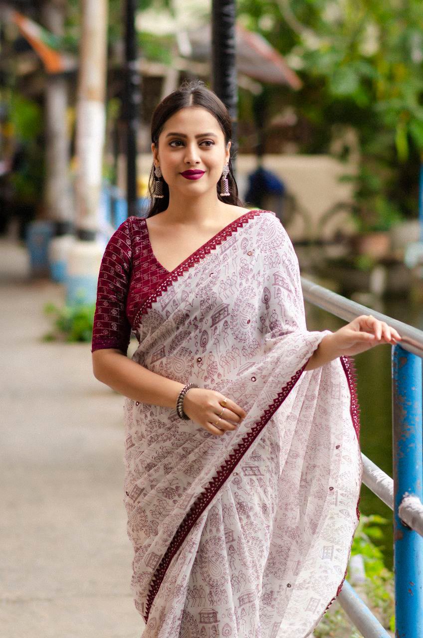 Product Image - Elegant Worli Georgette Saree with Aari Mirror Work
