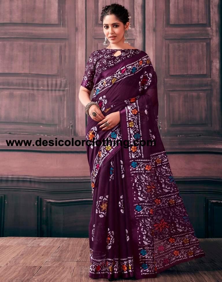 Purple  Cotton Printed Sarees