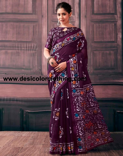 Purple  Cotton Printed Sarees