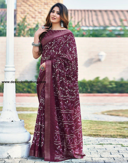 Deep Pink Silk Printed Saree