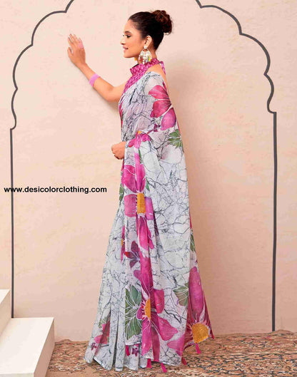 White Cotton Printed Saree