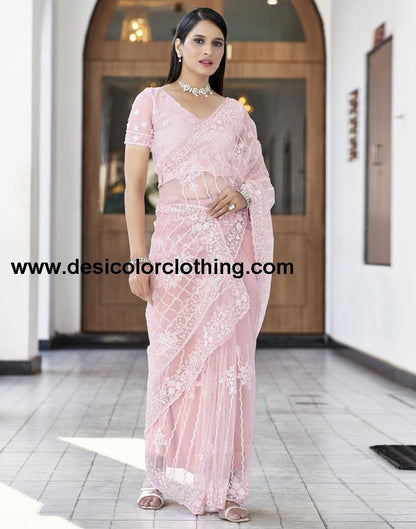 Rose Pink Plain Net Saree