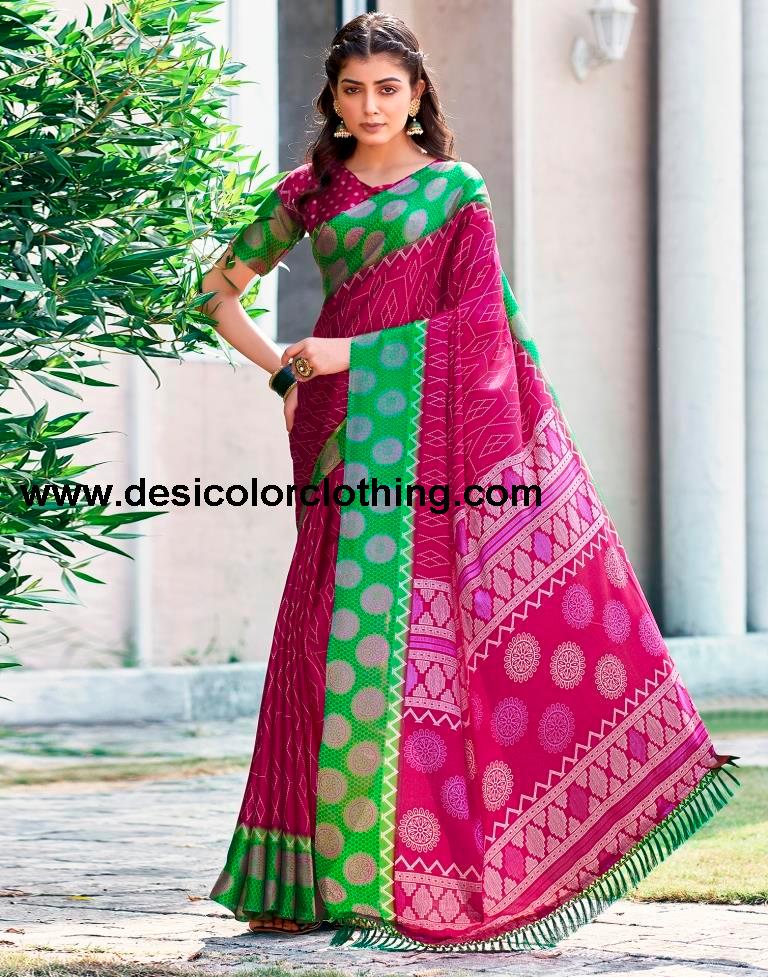 Rani Pink Cotton Printed Sarees