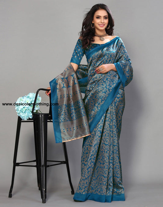 Teal Blue Silk Printed Saree