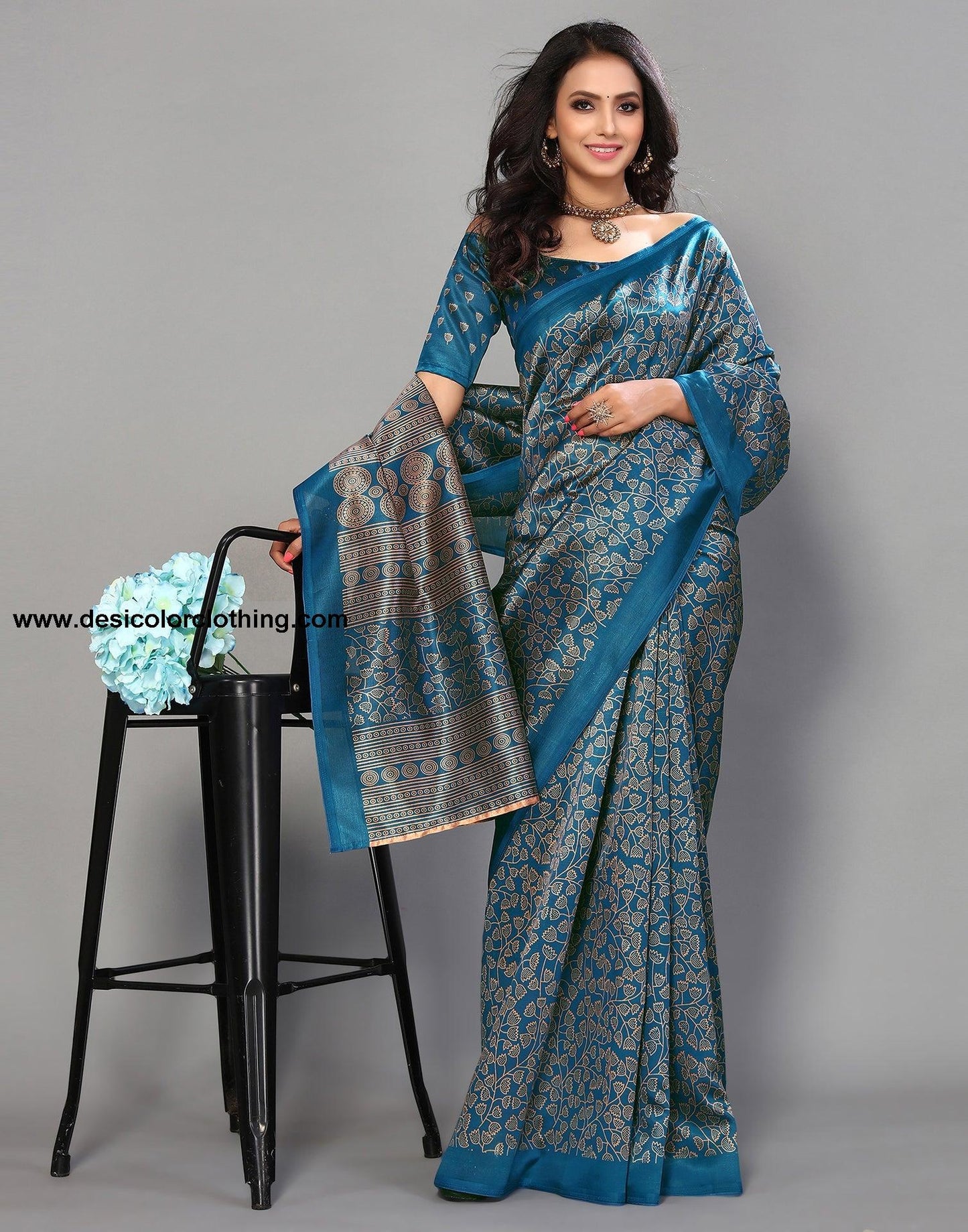 Teal Blue Silk Printed Saree