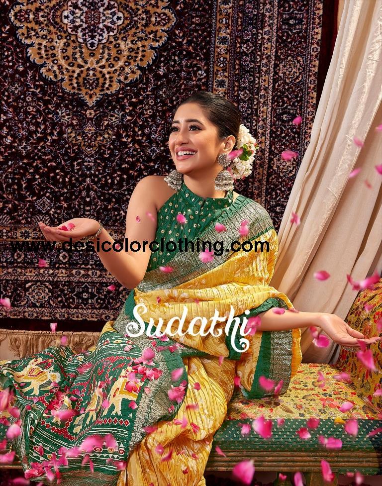 Yellow & Cream Printed Silk Saree