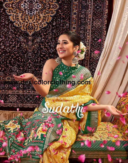 Yellow & Cream Printed Silk Saree