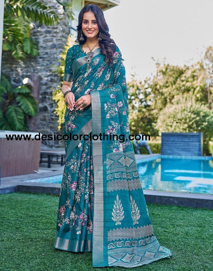 Teal Blue Silk Printed Saree