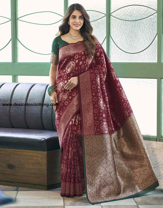 Dark Red Banarasi Silk Saree