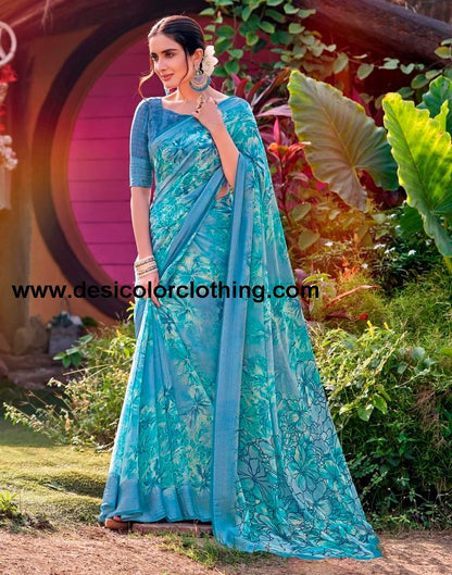 Steel Blue Georgette Printed Saree