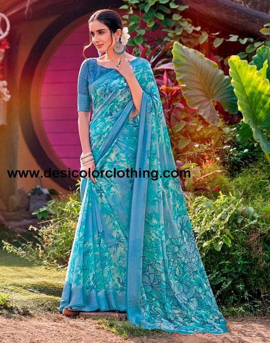 Steel Blue Georgette Printed Saree