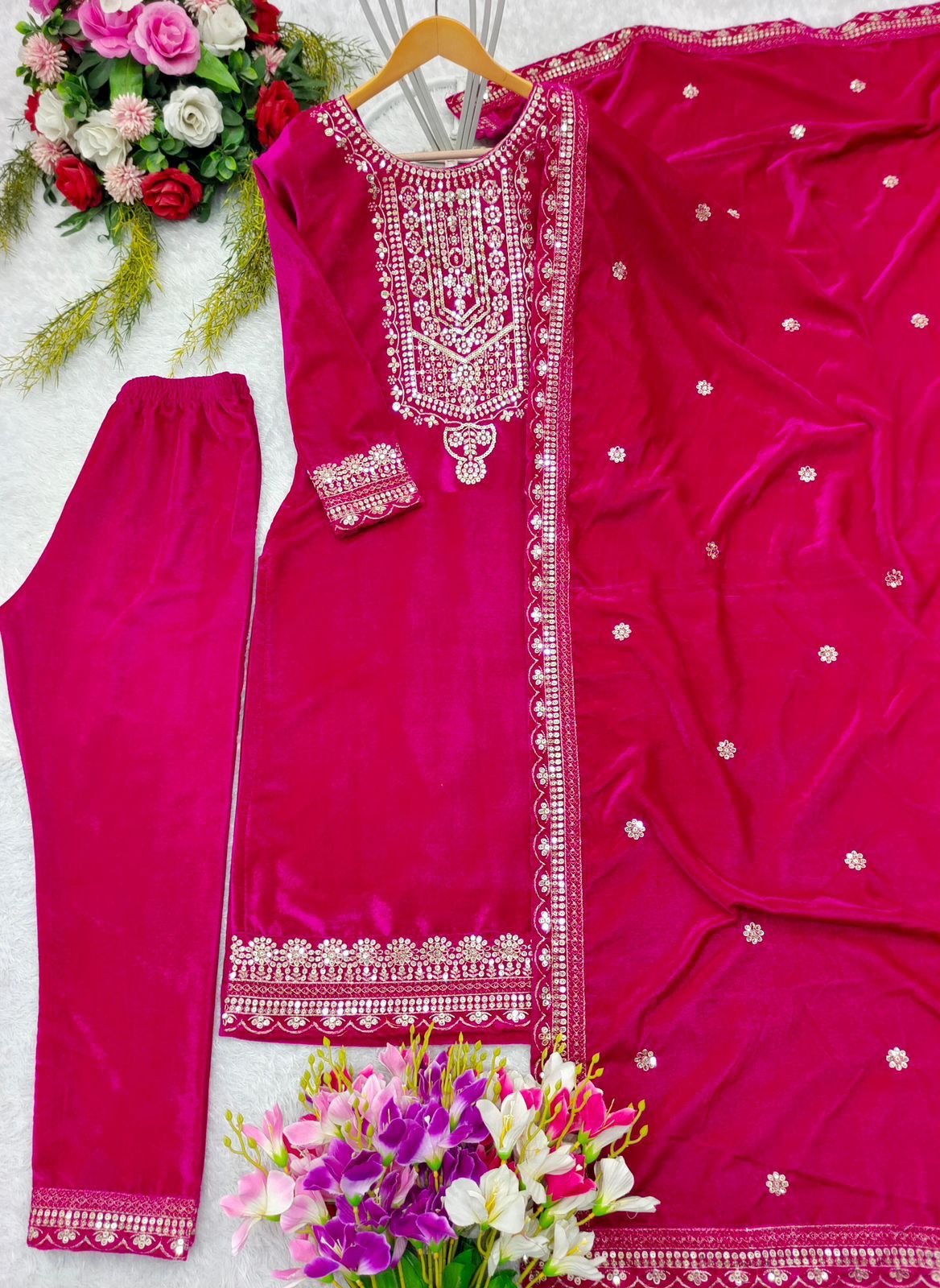 Product Image - Designer Velvet Top-Pant Dupatta Set for Weddings and Festive Wear