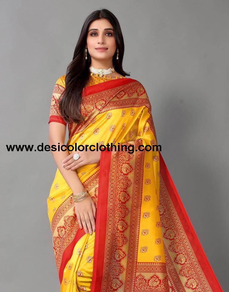 Yellow Printed Silk Saree