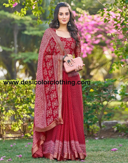 Dark Red Georgette Printed Saree