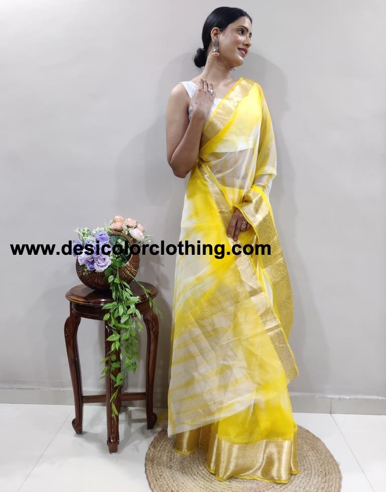 Yellow Organza Printed Saree