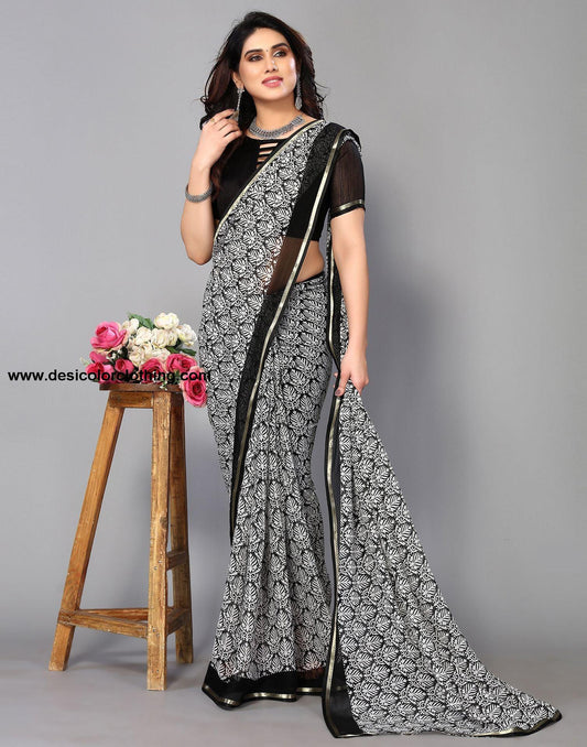 Black Chiffon Printed Saree