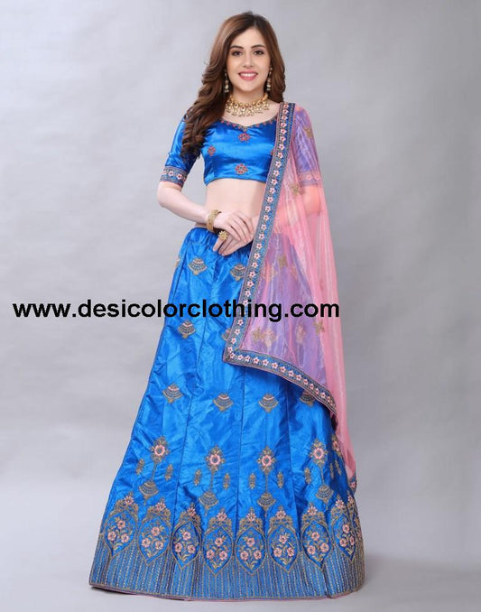 Sparkling Blue Coloured Satin Silk Embroidered Casual Wear Lehenga | SLV119L10391